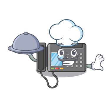 Karikatür masasının üstünde gıda Faks makinesi ile Chef