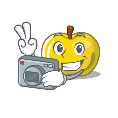 Fotoğrafçı sarı elma maskot ile izole