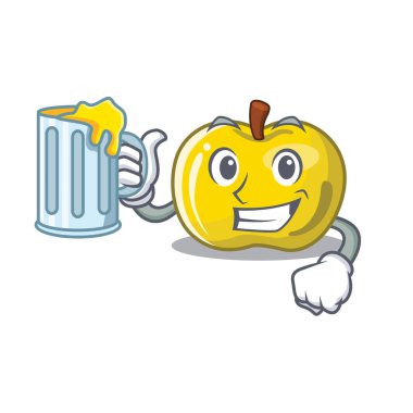 Maskot ile izole meyve suyu sarı elma ile