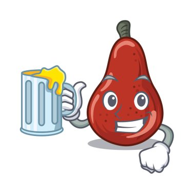 Maskot izole meyve suyu kırmızı armut ile