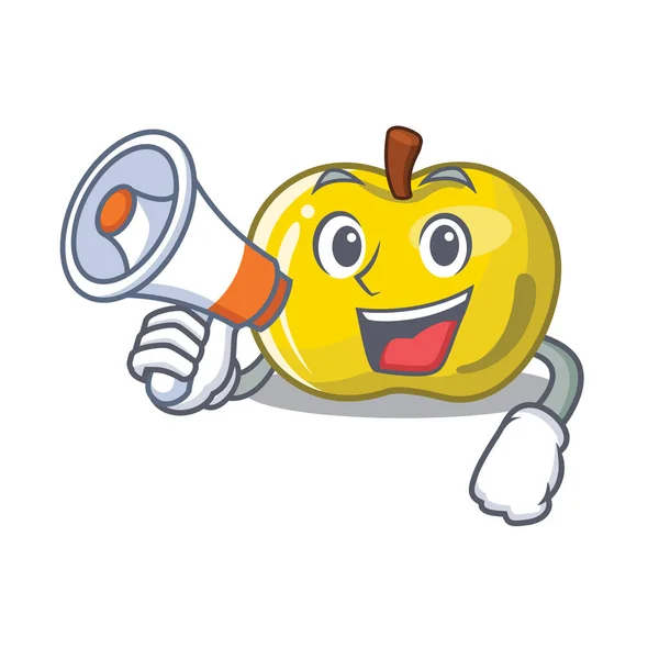 С мегафоном желтое яблоко скользит карикатурной формы — стоковый вектор