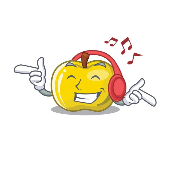 Maskot ile izole müzik sarı elma dinleme — Stok Vektör