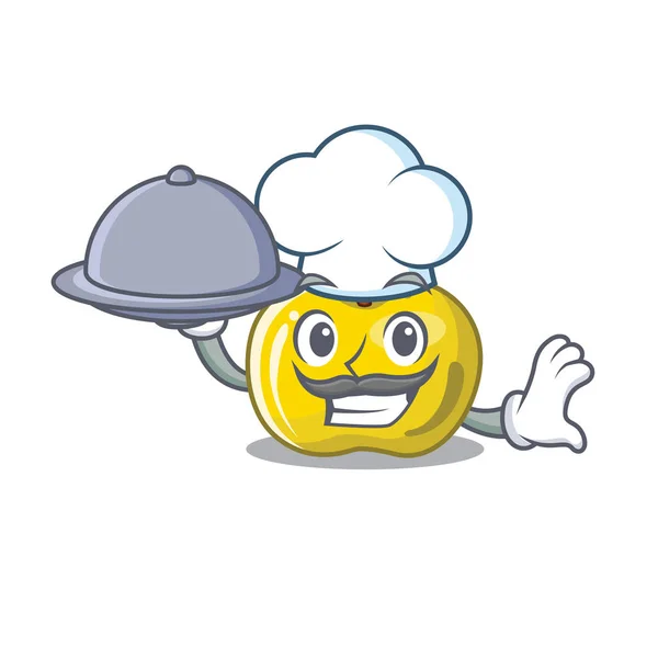 Chef con comida manzana amarilla aislada con la mascota — Vector de stock
