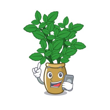 With phone lemon balm isolated in the character clipart