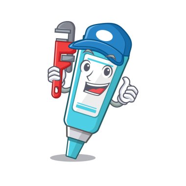 Maskot ahşap masa üzerinde tesisatçı merhem