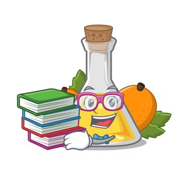 Karikatür ahşap masa üzerinde kitap kayısı yağı ile öğrenci