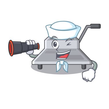 Ahşap masa karikatür üzerinde binoküler bağlayıcı makine ile denizci