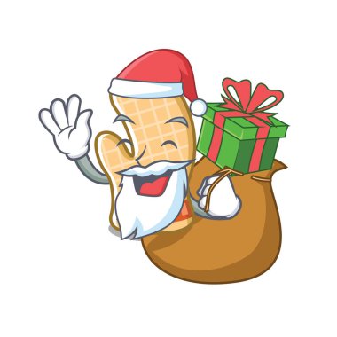 Bir karikatür rafüzerinde hediye fırın eldiven ile Santa