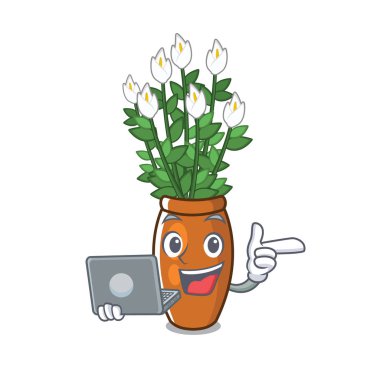 Dizüstü bilgisayar karikatür barış zambak ile arka bahçesinde yetişir