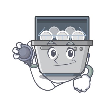 Doktor maskot bulaşık makinesi mutfakta