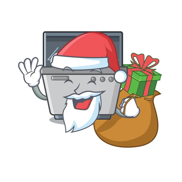 Weihnachtsmann mit Geschenkspülmaschine neben Cartoon-Herd — Stockvektor