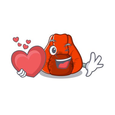 Maskot ile izole kalp fasulye çanta sandalye ile