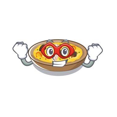Süper kahraman İspanyol paella karikatür tavada pişmiş