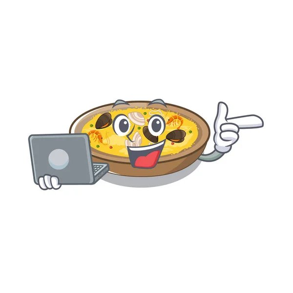Med laptop spansk paella serveras på maskot plattan — Stock vektor
