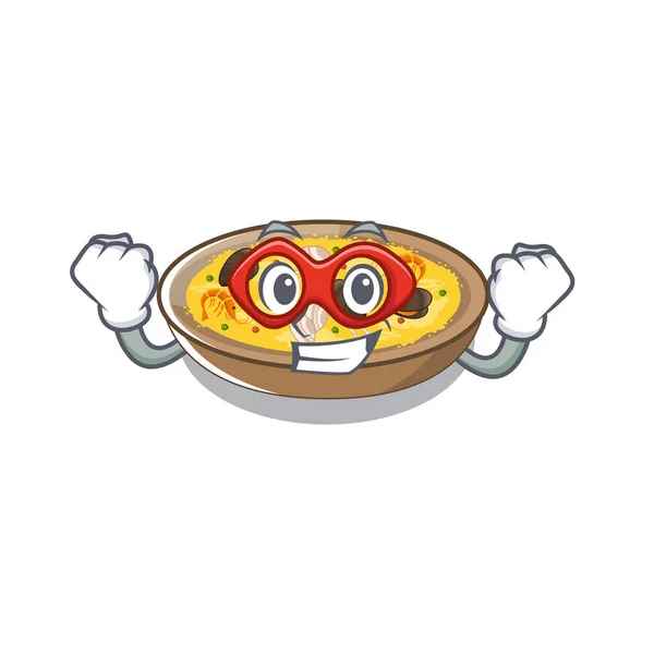 Super held Spaanse paella gekookt in Cartoon Skillet — Stockvector