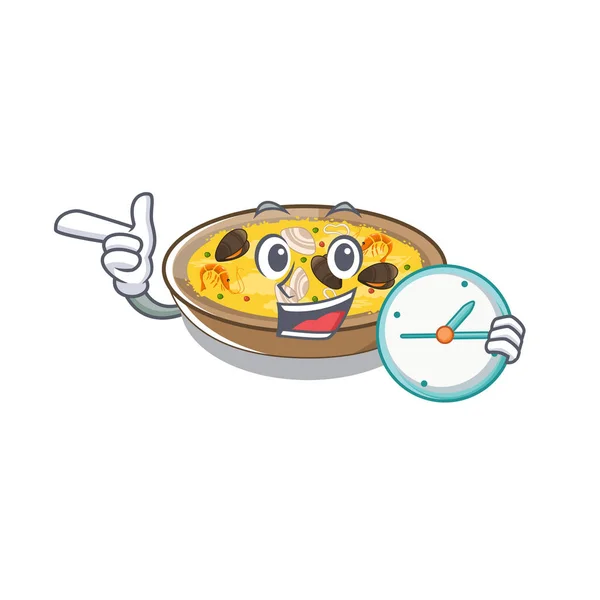 Met klok Spaanse paella gekookt in Cartoon Skillet — Stockvector