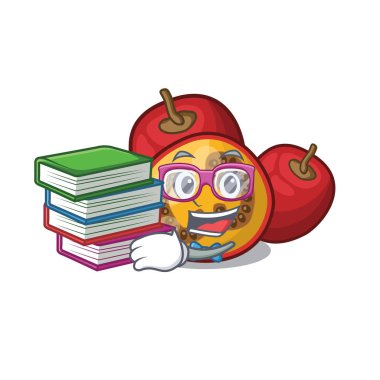 Maskot ahşap masa üzerinde kitap meyve tamarillo ile Öğrenci