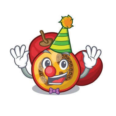 Maskot ahşap masa üzerinde Palyaço meyve tamarillo