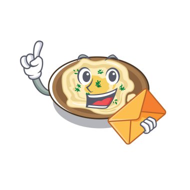 Karikatür ahşap masa üzerinde servis zarf humus ile