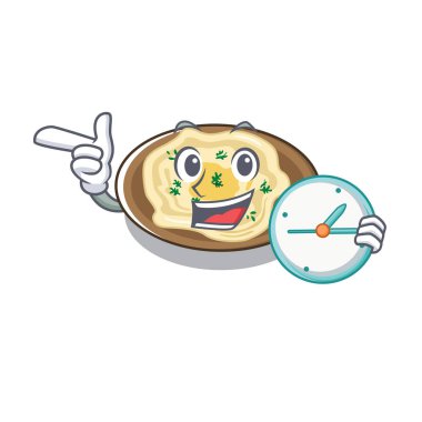 Karikatür ahşap masa üzerinde servis saat humus ile