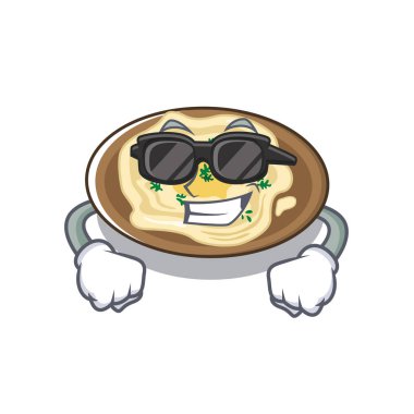 Süper serin humus karikatür ahşap masa üzerinde servis