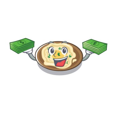 Bir karikatür plaka üzerinde para çantası humus ile