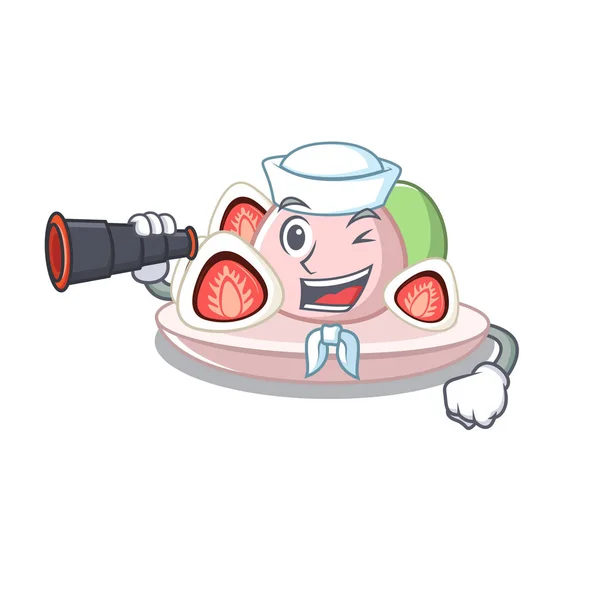 Marinaio con binocolo ichigo daifuku isolato nel cartone animato — Vettoriale Stock