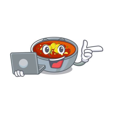 Dizüstü gazpacho ile karikatür kase içine dökülür