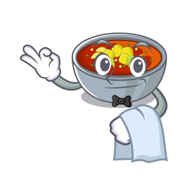 Ahşap masa karakteri üzerinde Garson gazpacho yemekleri