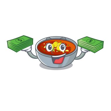 Ahşap masa karakteri üzerinde para çantası gazpacho yemekleri ile