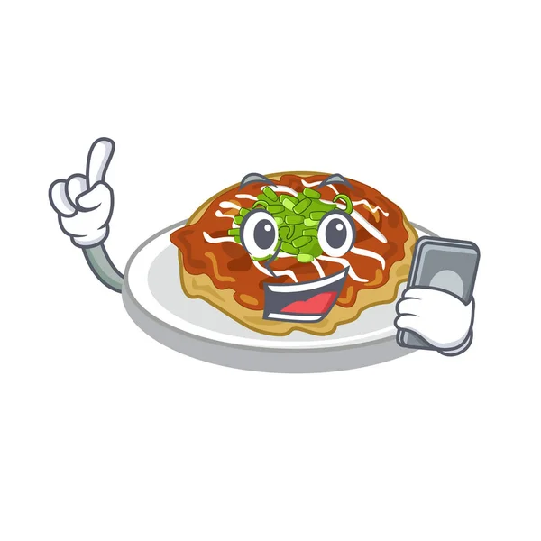 Com telefone okonomiyaki é cozido na panela dos desenhos animados — Vetor de Stock