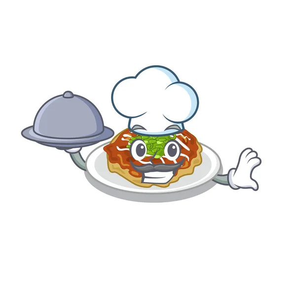 Chef con comida okonomiyaki aislado con en el carácter — Vector de stock