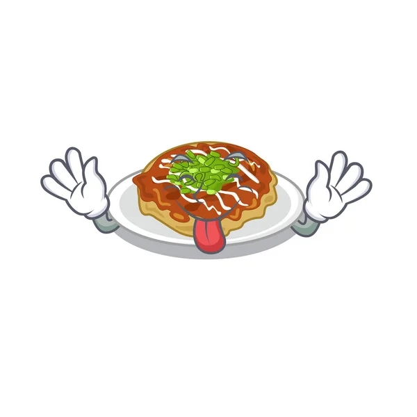 Lengua hacia fuera okonomiyaki se sirve en el plato de dibujos animados — Vector de stock