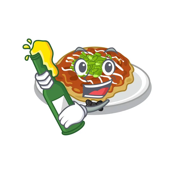 Dengan bir okonomiyaki disajikan di piring kartun - Stok Vektor