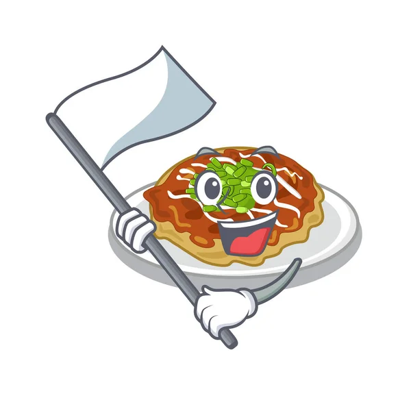 Com bandeira okonomiyaki é servido na placa dos desenhos animados — Vetor de Stock