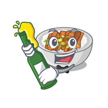 Bir tablo ahşap karikatür yukarıda bira donburi ile