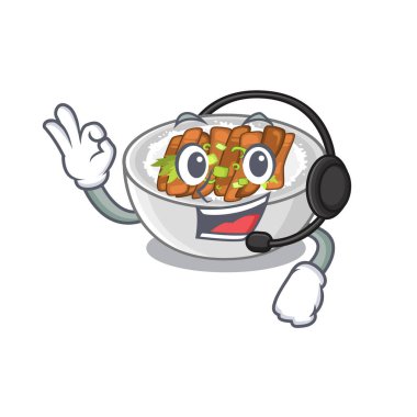 Bir tablo ahşap karikatür üzerinde kulaklık donburi ile