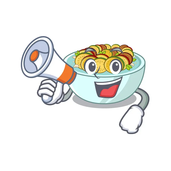 Avec le mégaphone ratatouille est cuit dans la casserole de mascotte — Image vectorielle