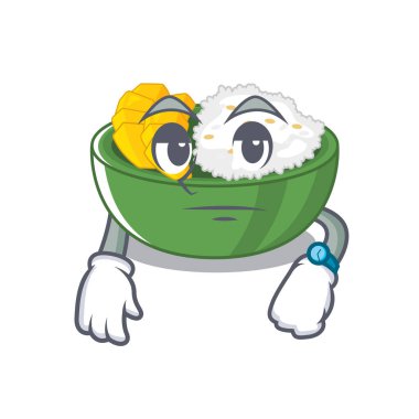 Bir maskot ile mango yapışkan pirinç bekliyor