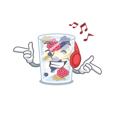 Ahşap masa maskotu üzerinde müzik parfait dinleme