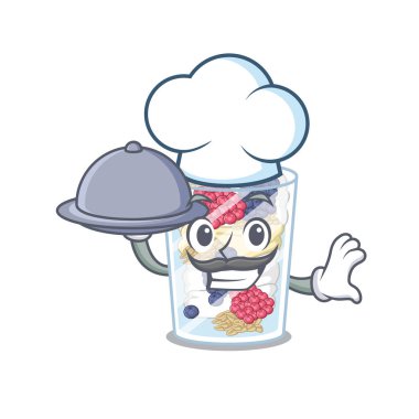 Ahşap masa maskotu üzerinde gıda parfait ile Şef