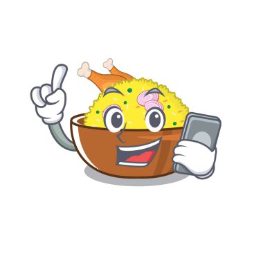 Karikatür plaka üzerinde telefon biryani tavuk ile