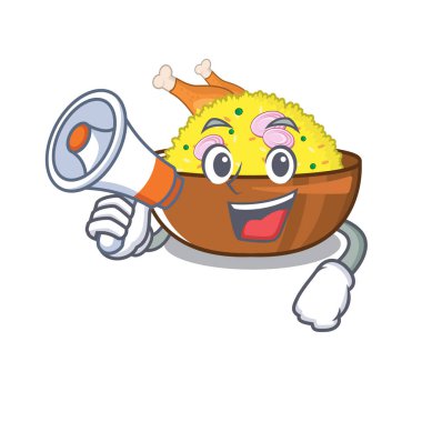 Karikatür plaka üzerinde megafon biryani tavuk ile