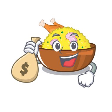 Karikatür plaka üzerinde para çantası biryani tavuk ile
