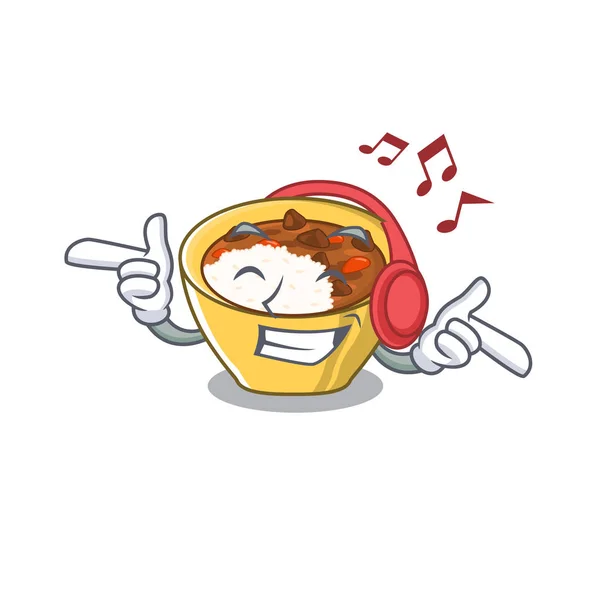 Ouvindo música Curry arroz em uma lancheira de desenhos animados — Vetor de Stock