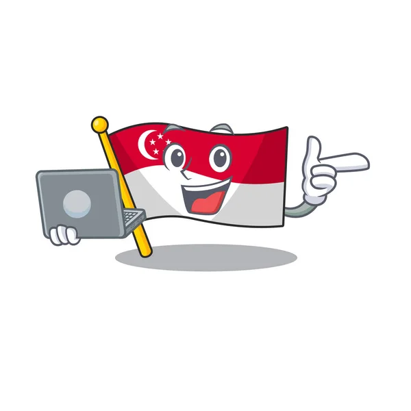 Met laptop vlag Singapore in de mascotte vorm — Stockvector