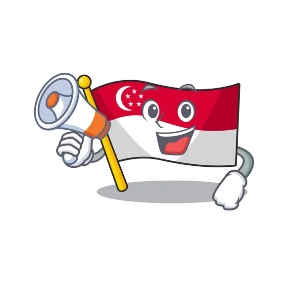 Met megafoon Flag Singapore in de mascotte vorm — Stockvector