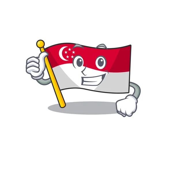 Polegares para cima bandeira singapore acima de um pólo dos desenhos animados — Vetor de Stock