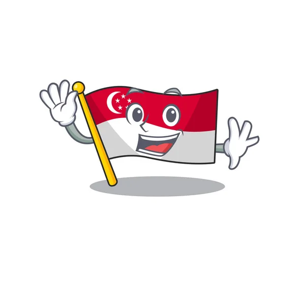 Mengayunkan bendera singapore di atas tiang kartun - Stok Vektor