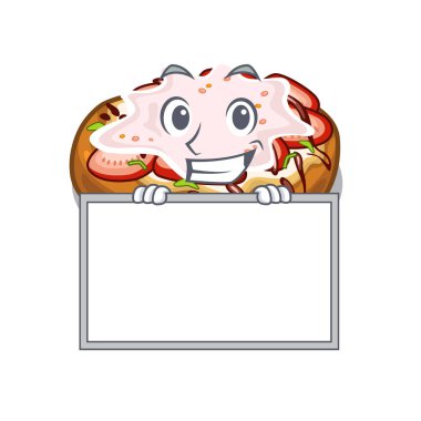 Tahta bruschetta ile grinning maskot kurulu üzerinde görev yaptı